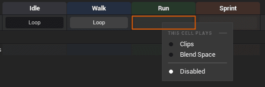 Right-clicking a cell: Clips, Blend Space, Disabled