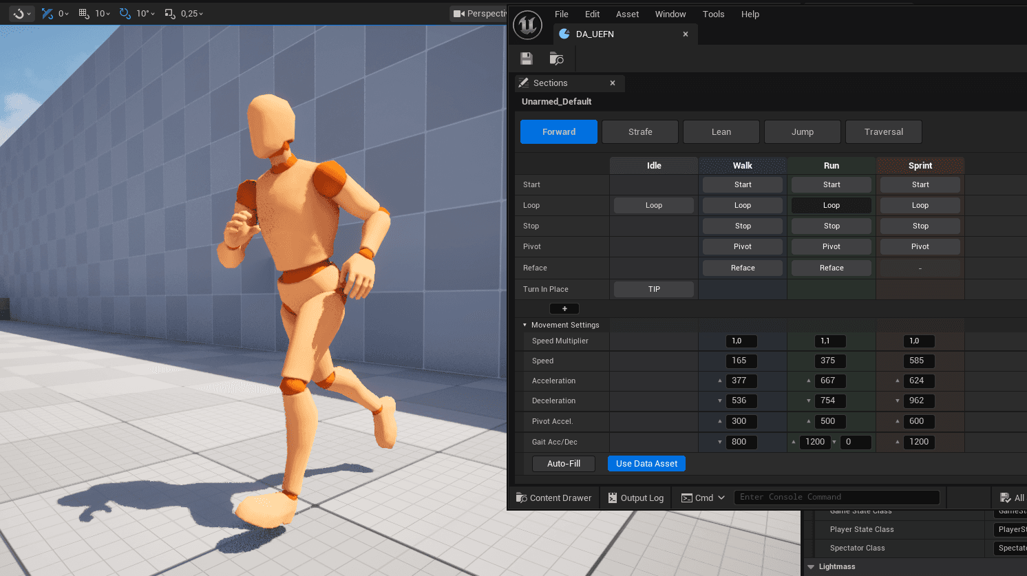 The character mid-run, next to the Forward grid and its Movement Settings