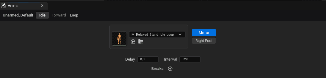 The Anims panel of Idle: the slot, Mirror and Right Foot